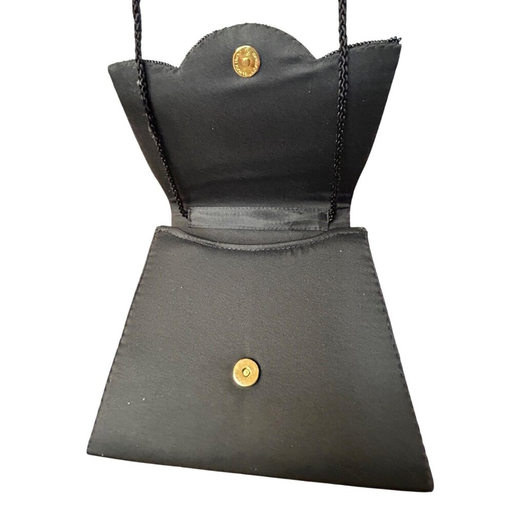 Y2K Vintage Black Beaded Satin Classy Evening Bag Magnetic Closure Rope Strap - Picture 3 of 9